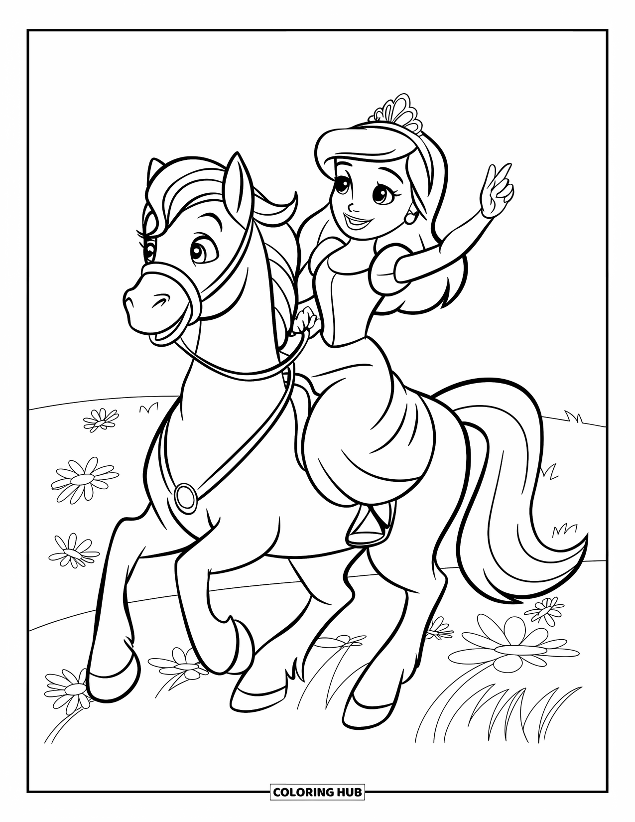 Princess Coloring Page for Kids: A princess with a crown waves happily while riding a white pony