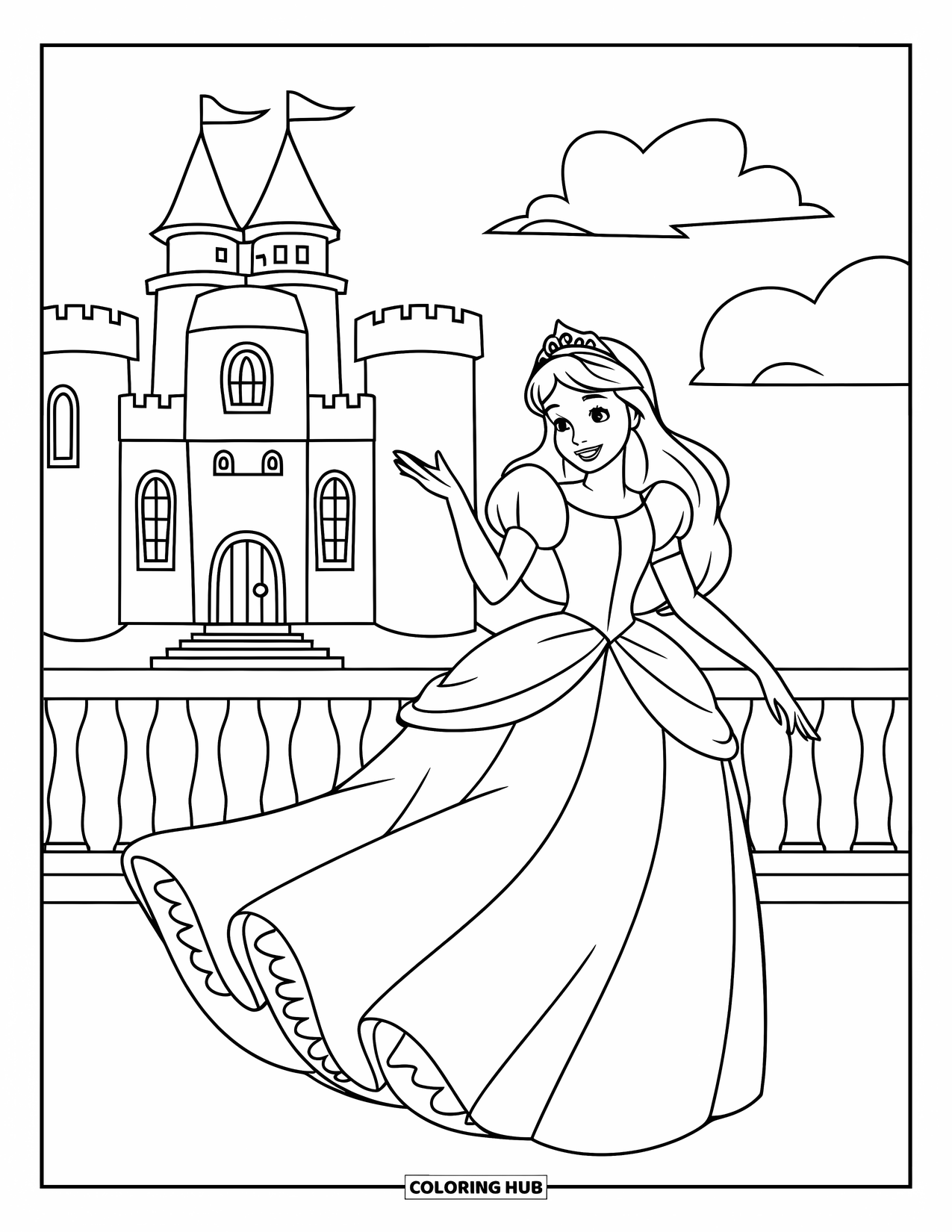 Princess Coloring Page for Kids: A princess with a crown waves in a puffy dress by a castle with towers