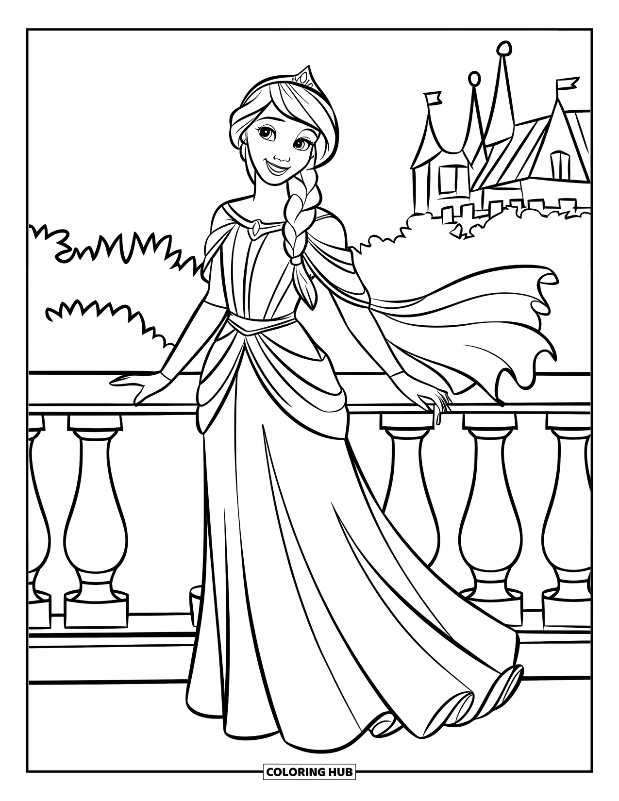 Princess Coloring Page for Kids: A princess with a long braid stands on a balcony in a flowing gown