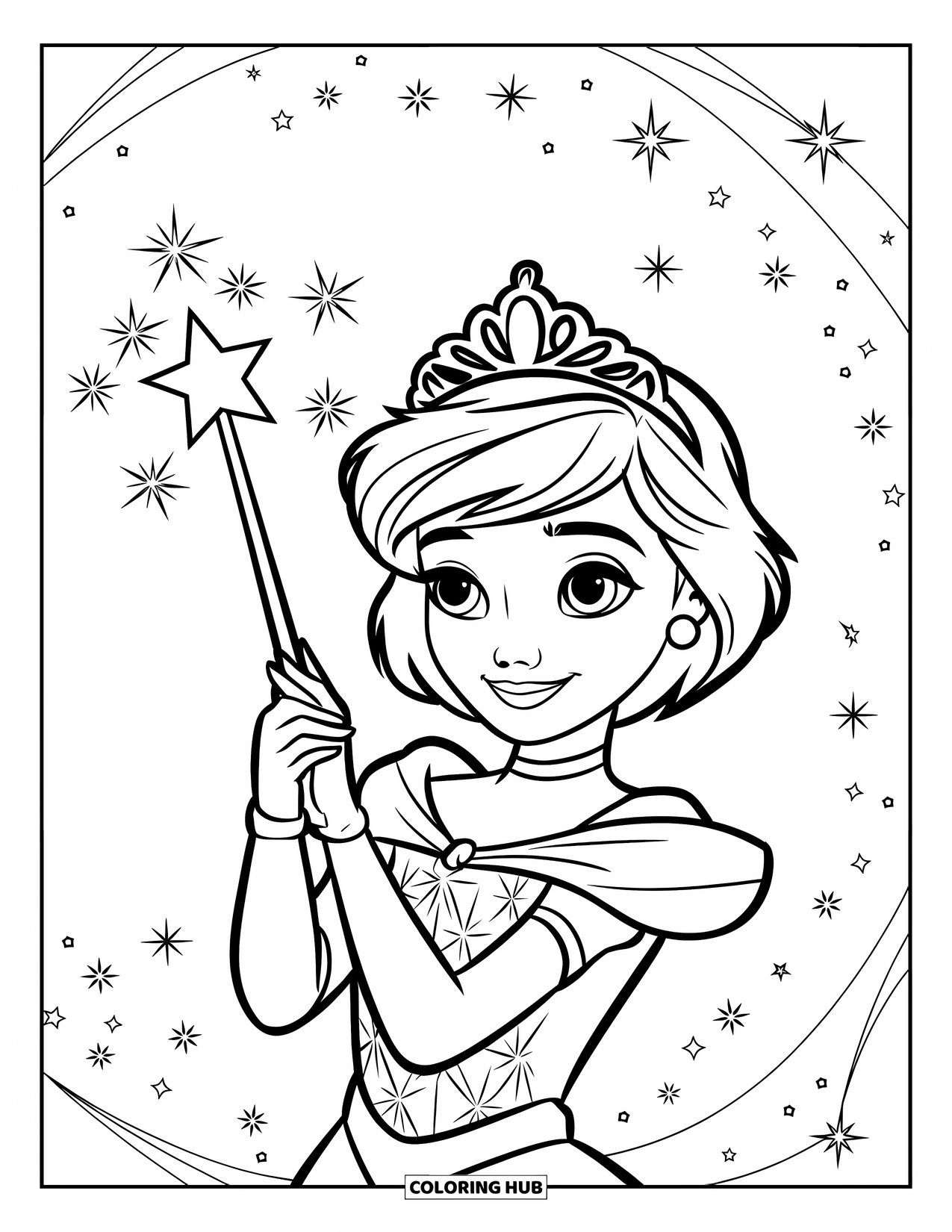 Princess Coloring Page for Kids: A princess with a patterned dress holds a magic wand under a starry sky