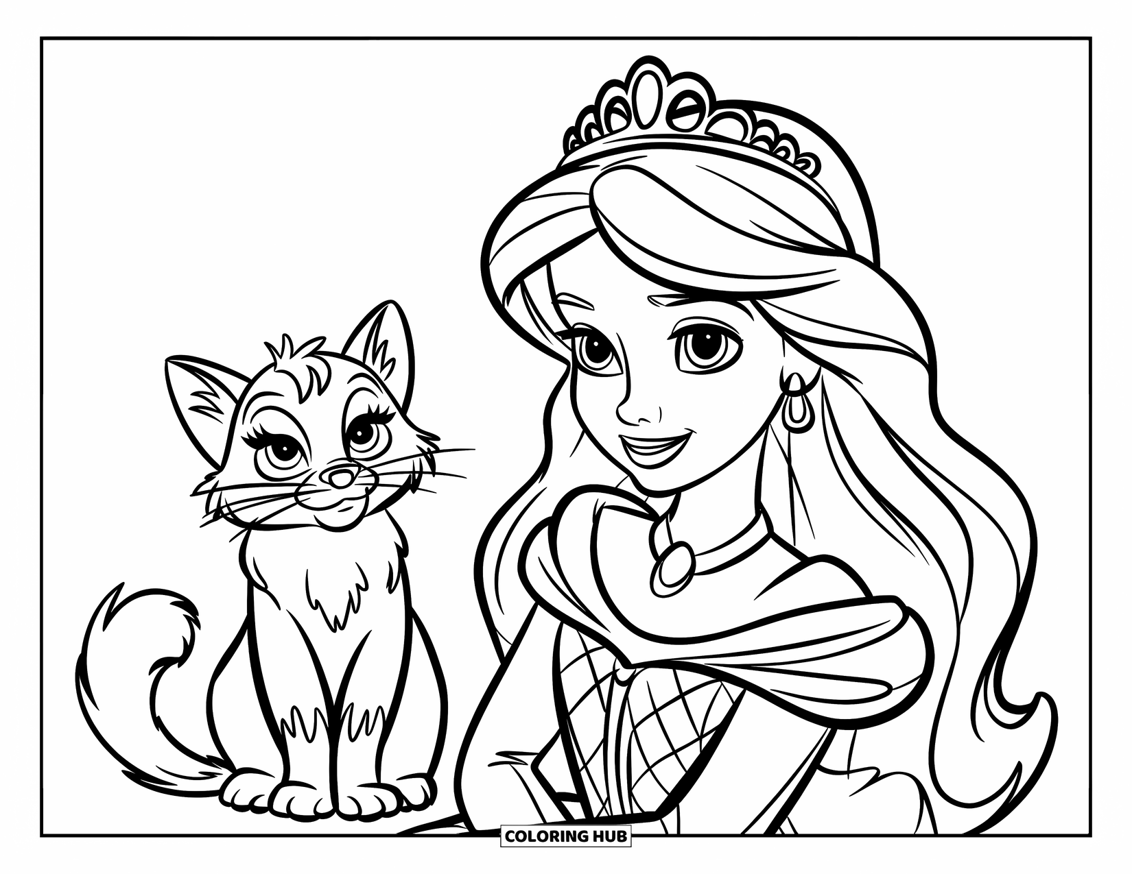 Princess Coloring Page for Kids: A princess with a pet cat sits gracefully on a throne