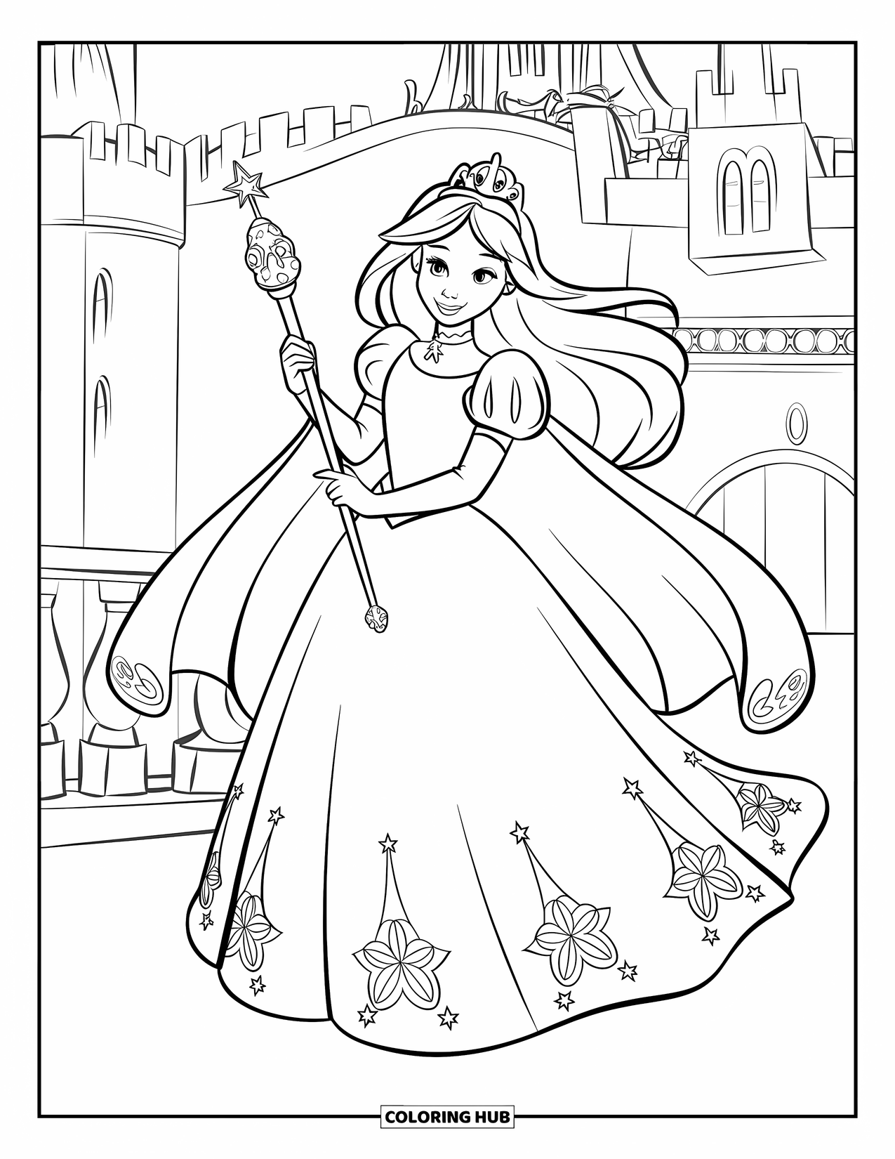 Princess Coloring Page for Kids: A princess with a scepter and cape stands on a cloud beneath a starry sky