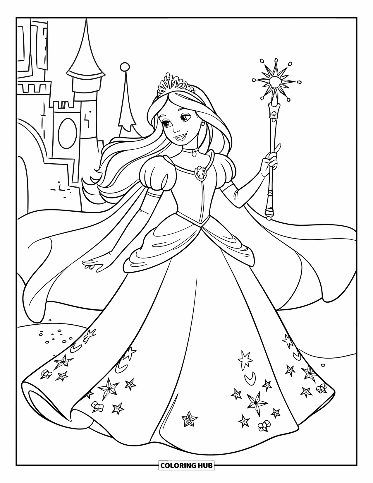Princess Coloring Page for Kids: A princess with a starry crown holds a scepter by a castle