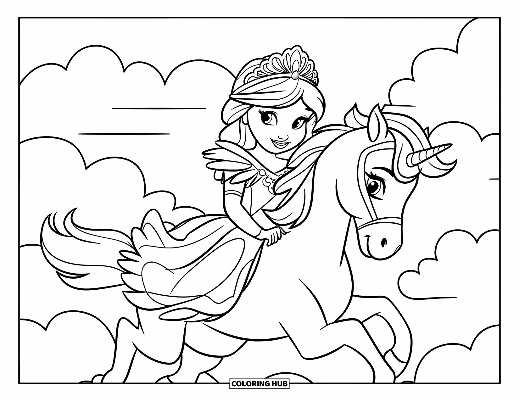Princess Coloring Page for Kids: A princess with a tiara rides a unicorn through soft clouds