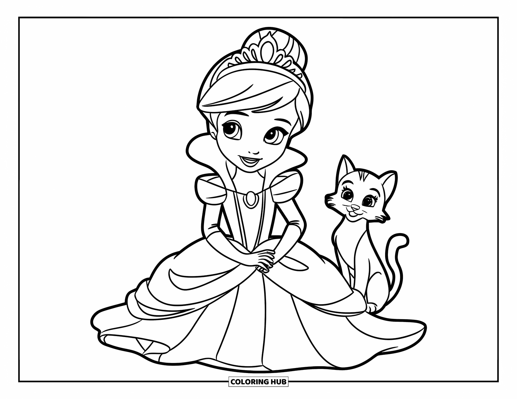 Princess Coloring Page for Kids: A princess with a tiara sits happily with her fluffy cat by her side