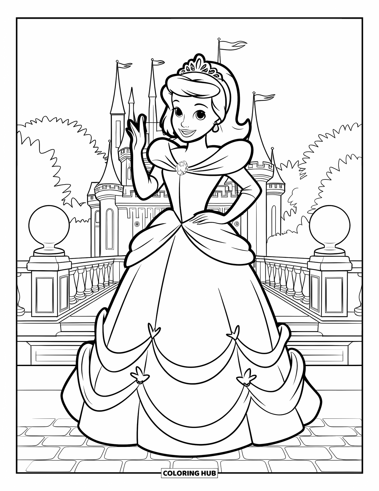 Princess Coloring Page for Kids: A princess with a tiara waves cheerfully by a castle with towers