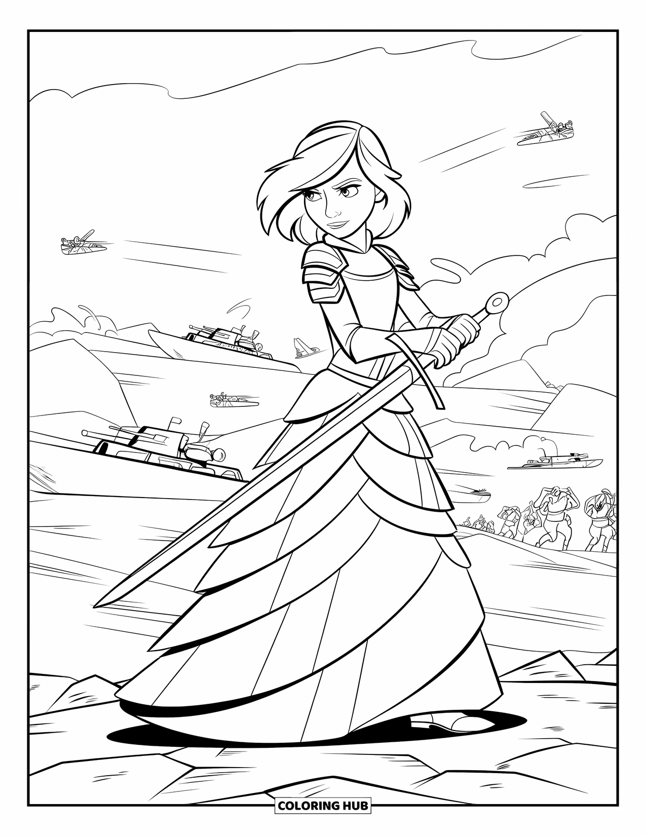 Princess Coloring Page for Kids: A princess with armor details and a sword stands on a rocky battlefield