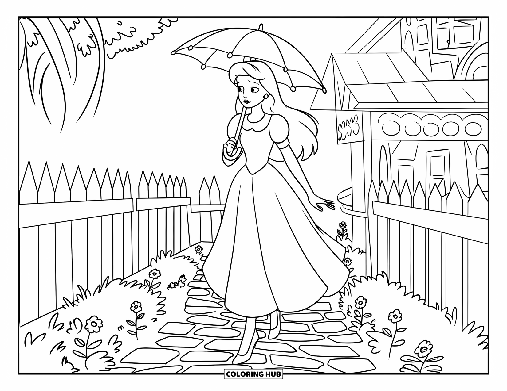 Princess Coloring Page for Kids: A princess with blonde hair walks with a white umbrella by a flower path