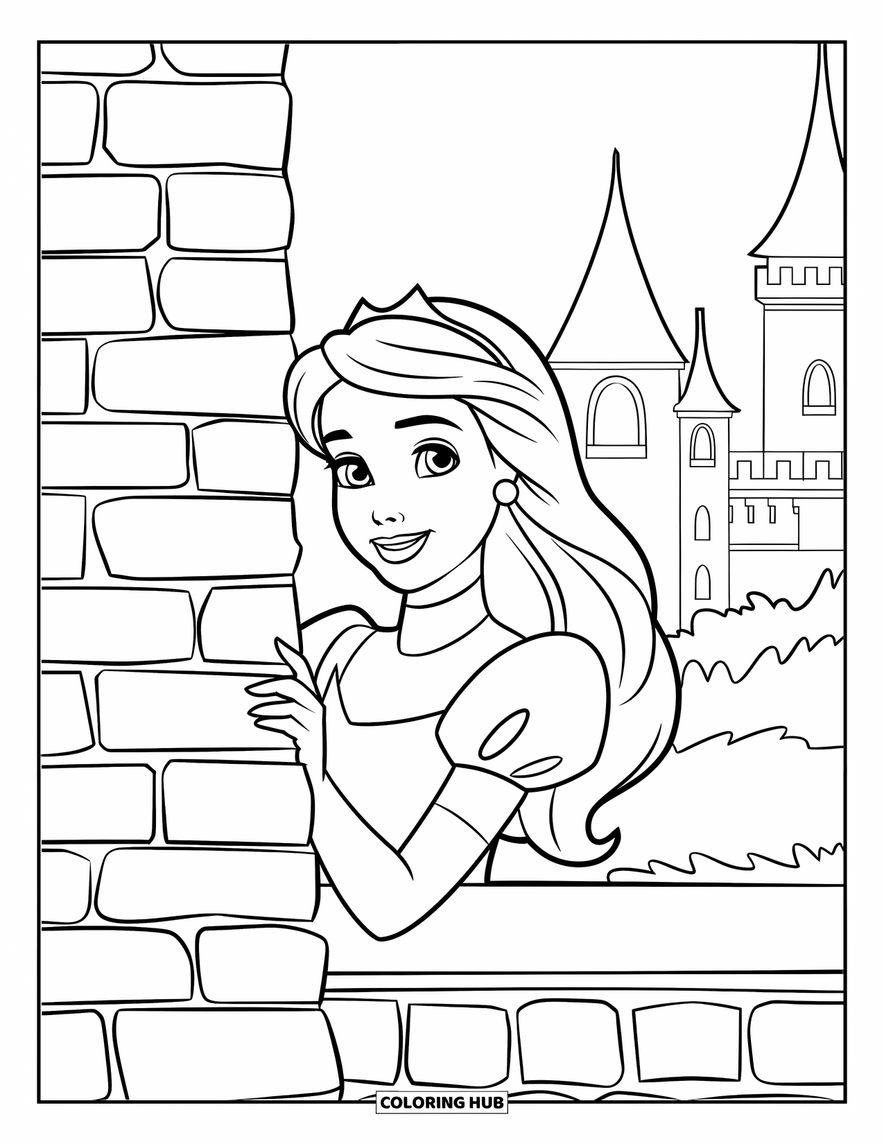 Princess Coloring Page for Kids: A princess with dark hair peeks shyly from behind a stone wall