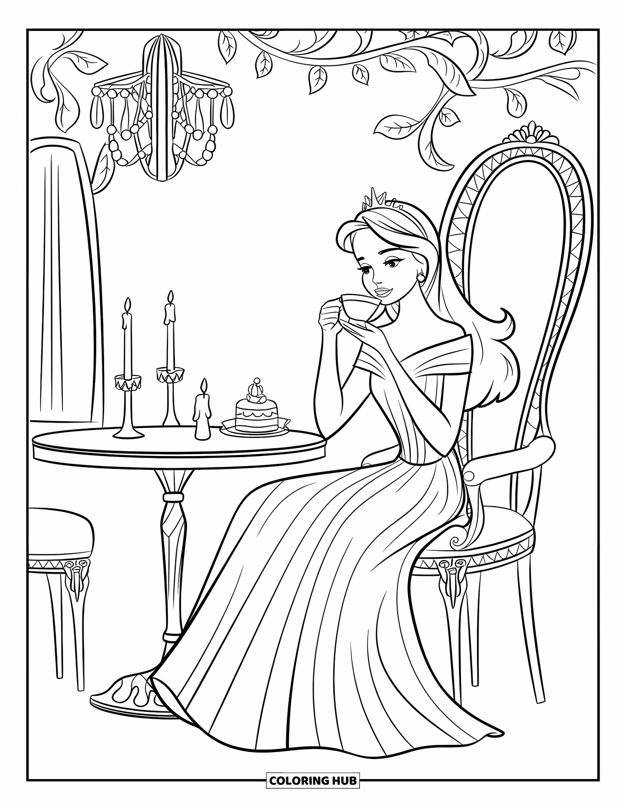 Princess Coloring Page for Kids: A princess with dark hair sips tea in a fancy city café