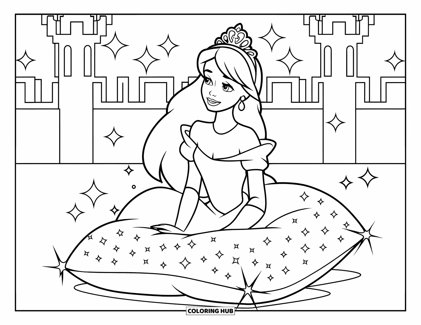 Princess Coloring Page for Kids: A princess with dark hair sits on a sparkly pillow under a starry sky