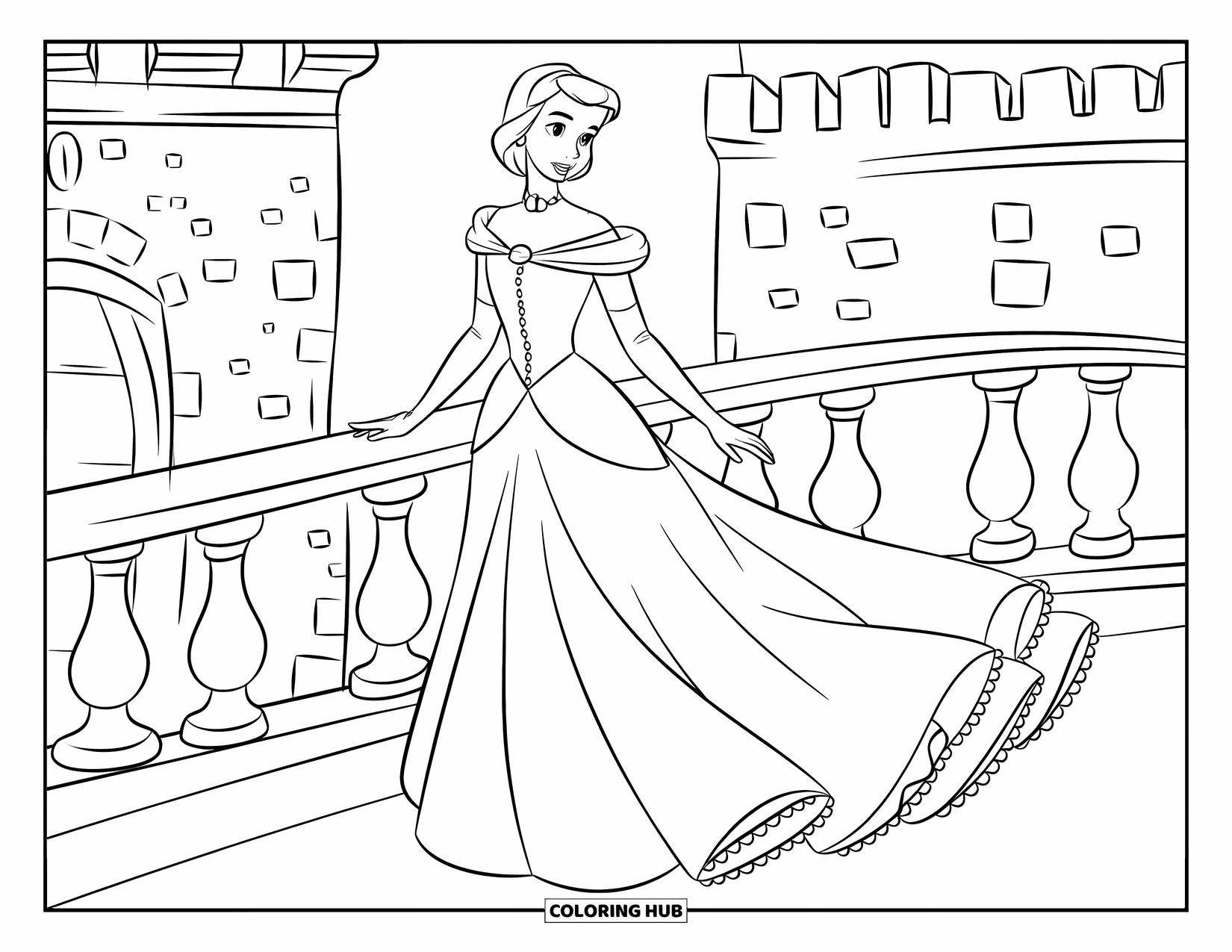 Princess Coloring Page for Kids: A princess with long gloves stands elegantly on a castle bridge