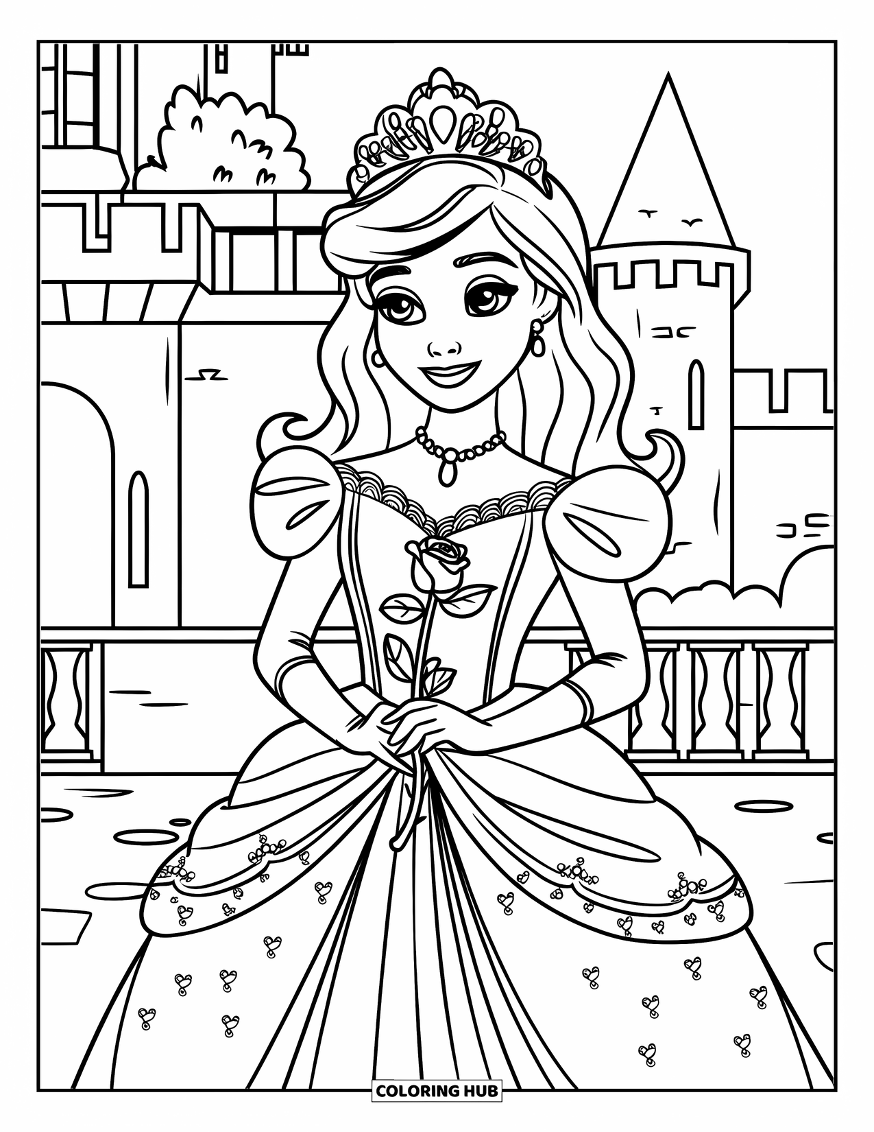 Princess Coloring Page for Kids: A princess with long hair and a crown holds a rose gracefully