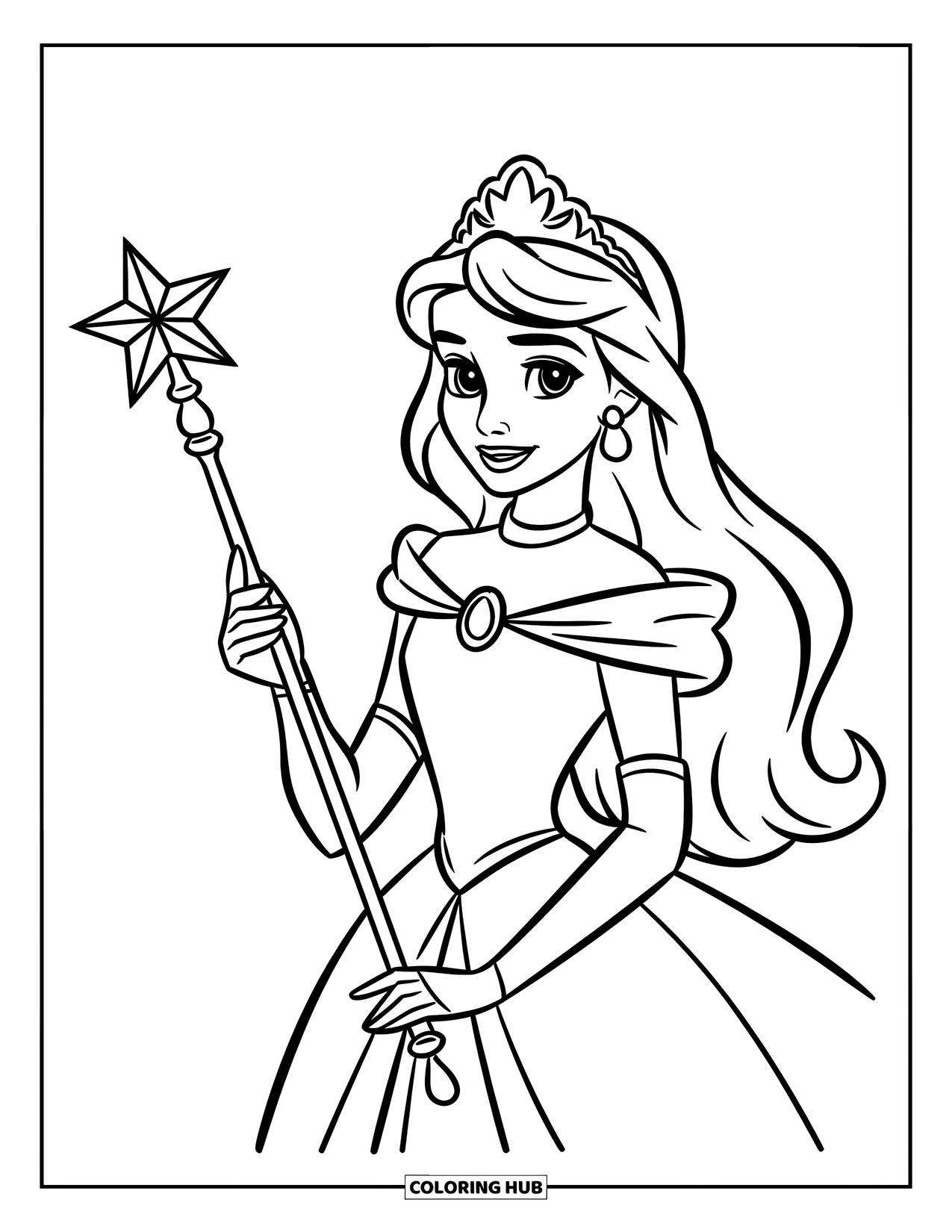 Princess Coloring Page for Kids: A princess with long hair and a crown holds a starry scepter