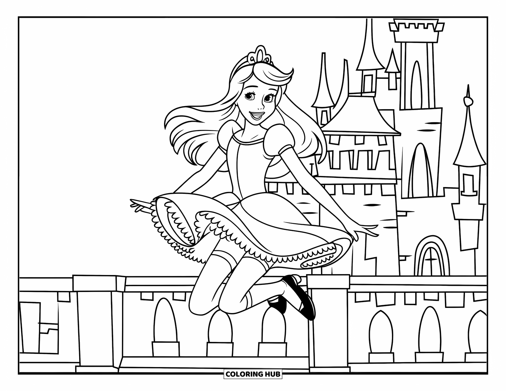 Princess Coloring Page for Kids: A princess with long hair and a crown jumps cheerfully by a white castle