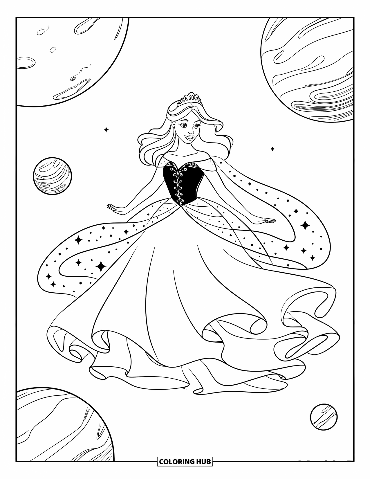 Princess Coloring Page for Kids: A princess with long hair floats among planets in a starry gown