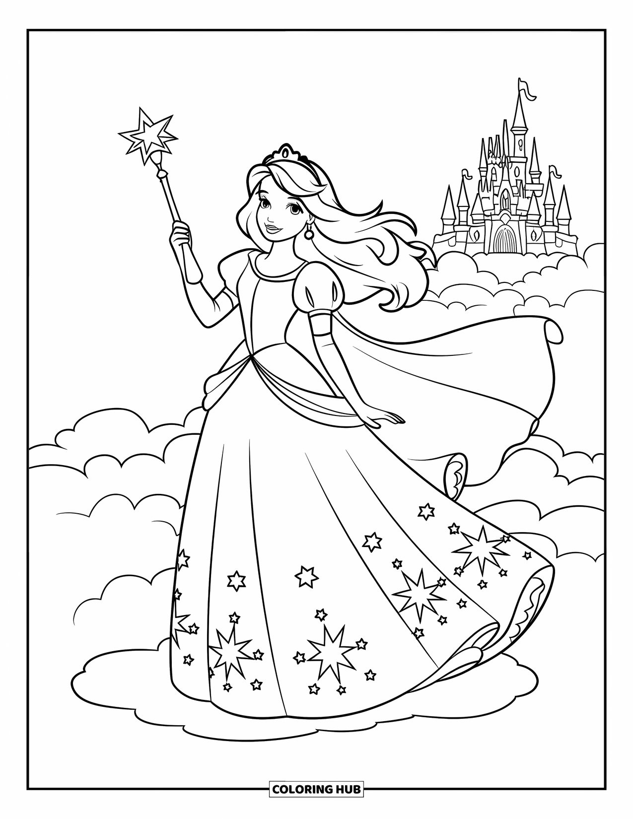 Princess Coloring Page for Kids: A princess with long hair holds a magical scepter while standing on a cloud