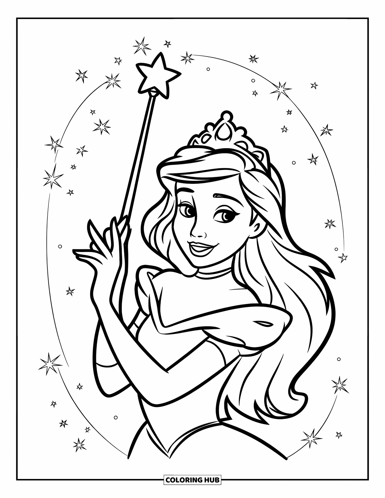 Princess Coloring Page for Kids: A princess with long hair holds a star-tipped wand surrounded by twinkling stars
