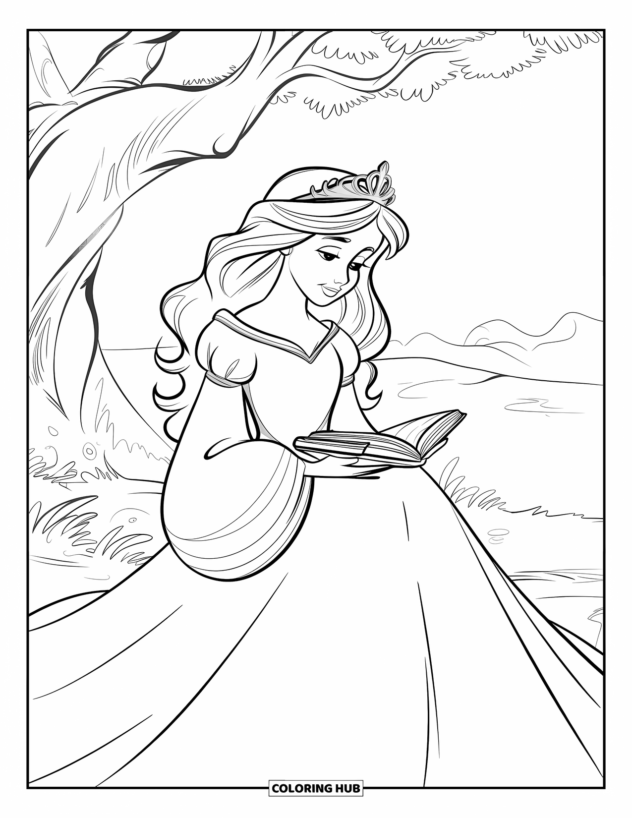Princess Coloring Page for Kids: A princess with long hair reads beneath a tree in a constellation-patterned gown