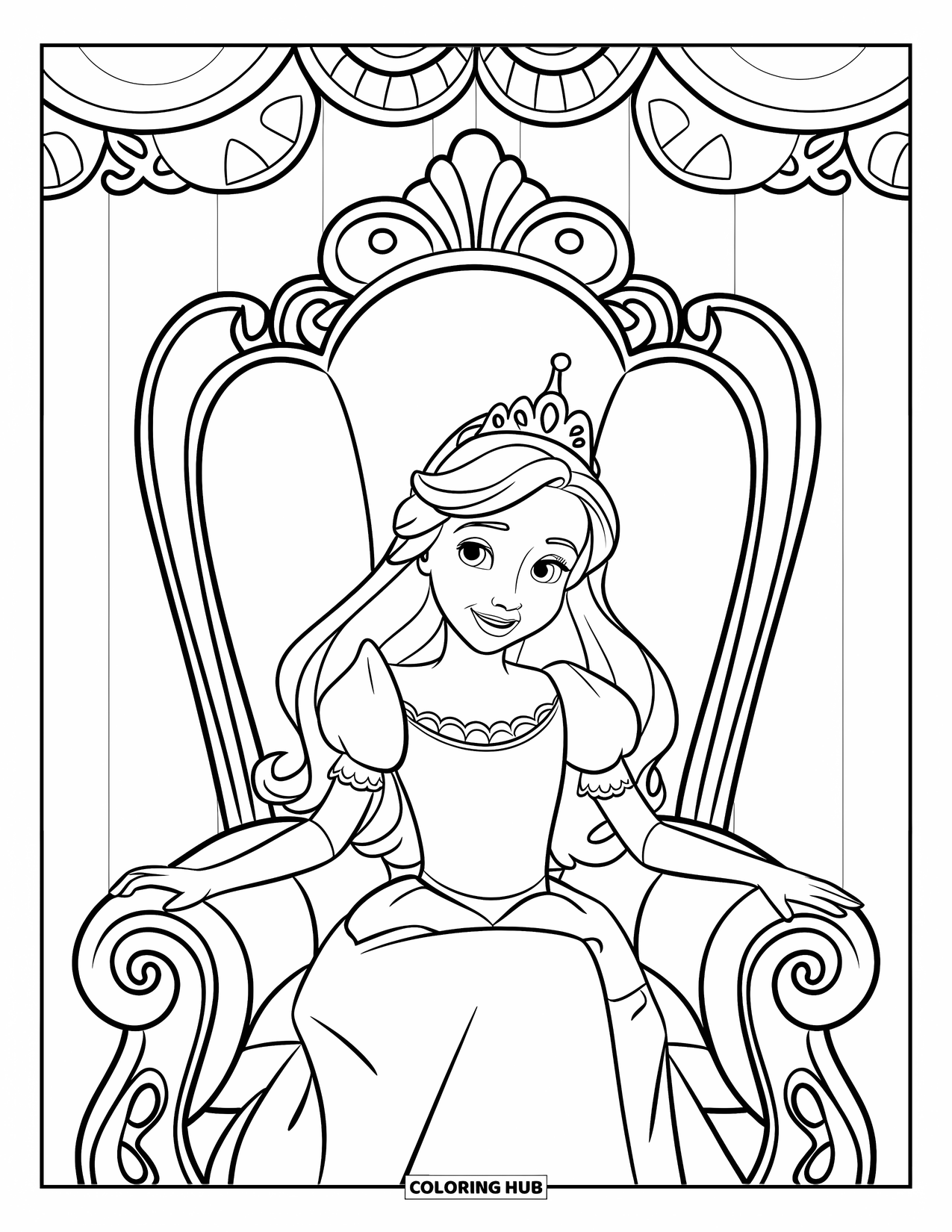 Princess Coloring Page for Kids: A princess with long hair sits on an ornate throne with a crown and a smile