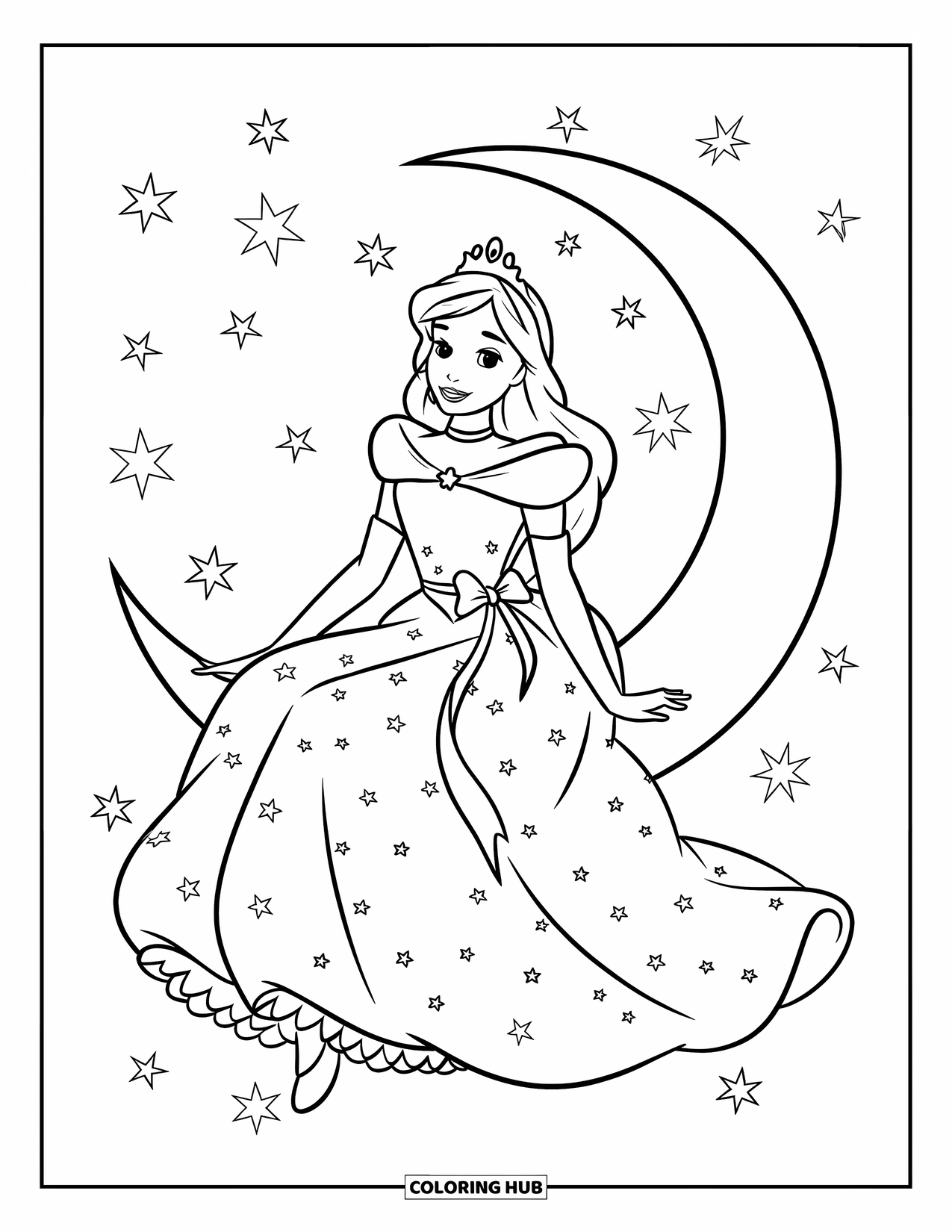 Princess Coloring Page for Kids: A princess with long hair sits peacefully on a crescent moon