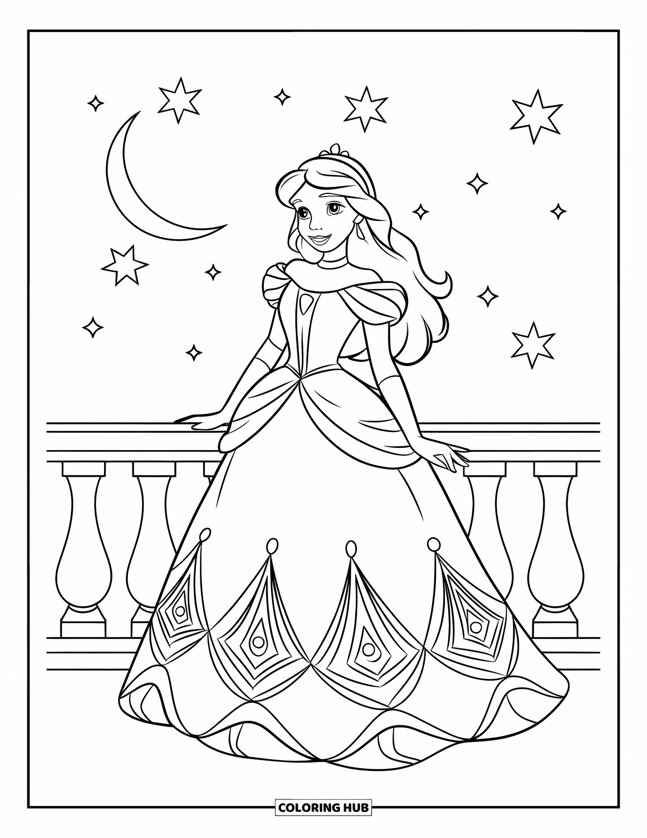 Princess Coloring Page for Kids: A princess with long hair stands on a balcony under a moonlit sky
