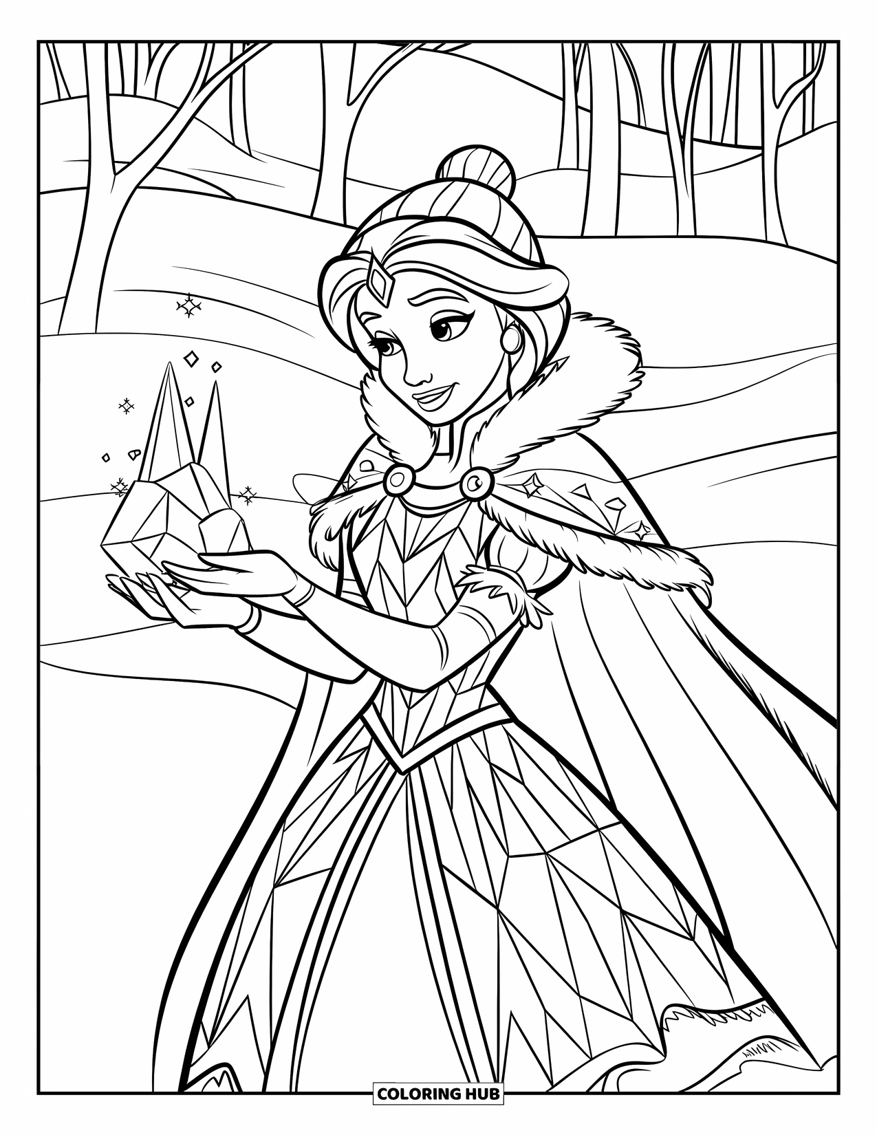 Princess Coloring Page for Kids: A snow princess in a fur-trimmed gown conjures ice sculptures in a snowy landscape