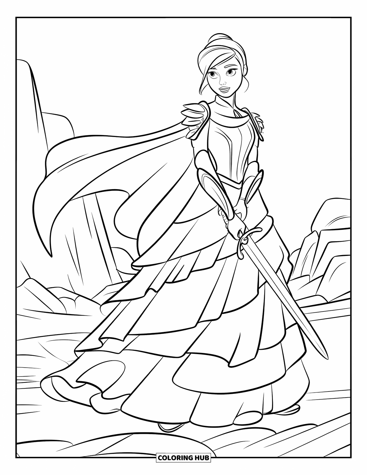 Princess Coloring Page for Kids: A warrior princess in armor grips a sword on a rocky battlefield