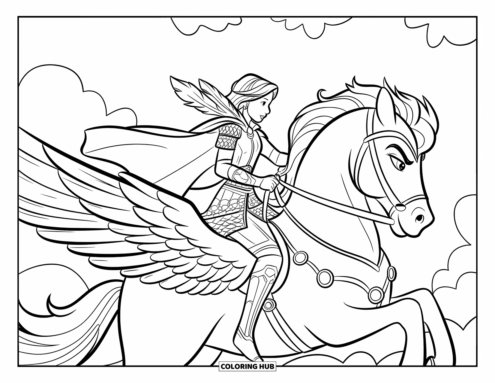 Princess Coloring Page for Kids: A warrior princess soars through the clouds on a Pegasus with wings spread