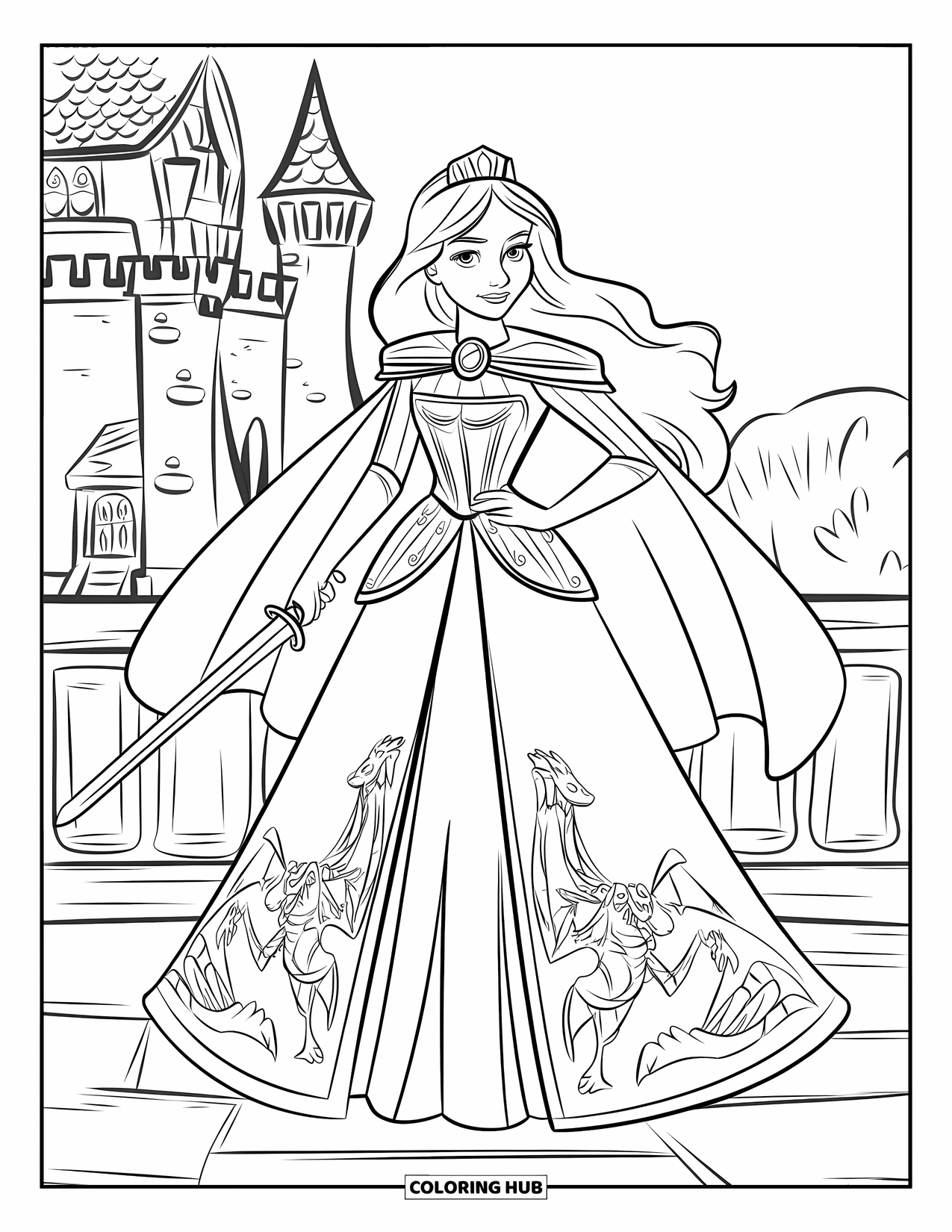 Princess Coloring Page for Kids: A warrior princess with a cape and sword stands by a grand castle