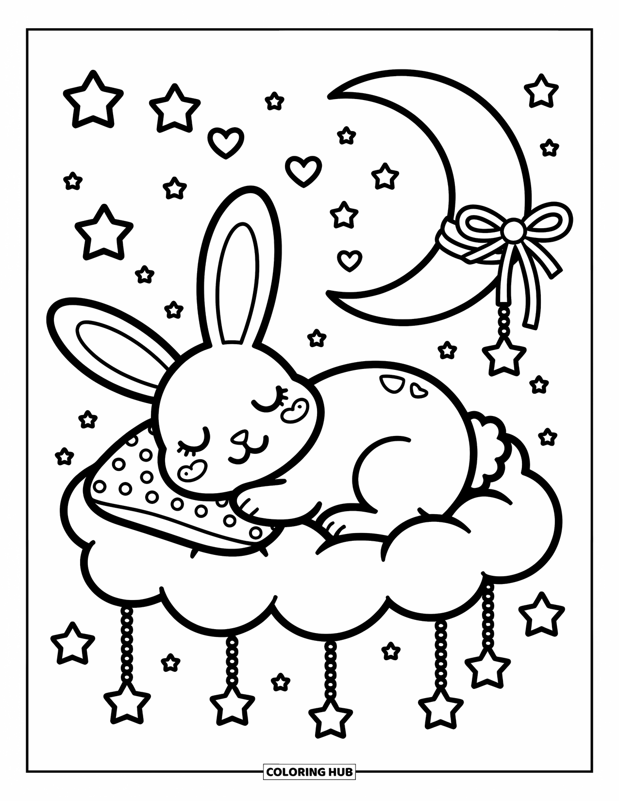 Desenho de coelho para colorir para adultos: Um coelho se enrola em uma nuvem sob uma lua com estrelas e corações flutuantes