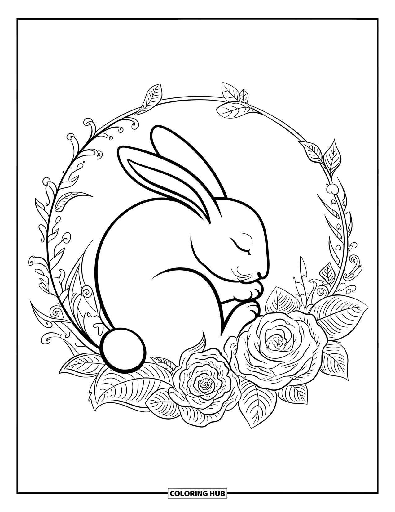 Desenho de coelho para colorir para adultos: Um coelho se enrola com os olhos fechados dentro de uma moldura decorada com flores