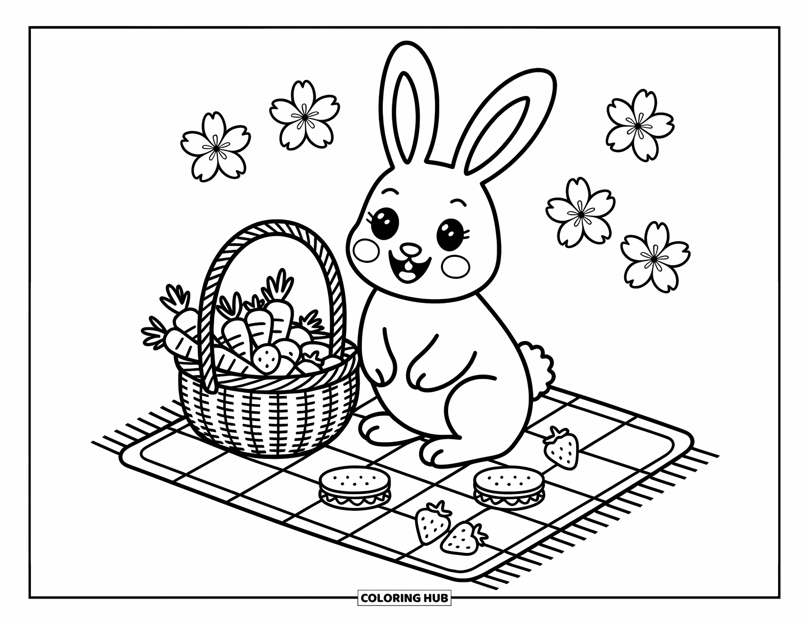 Desenho de coelho para colorir para adultos: Um coelho desfruta de um piquenique cheio de lanches sob pétalas de cerejeira caindo