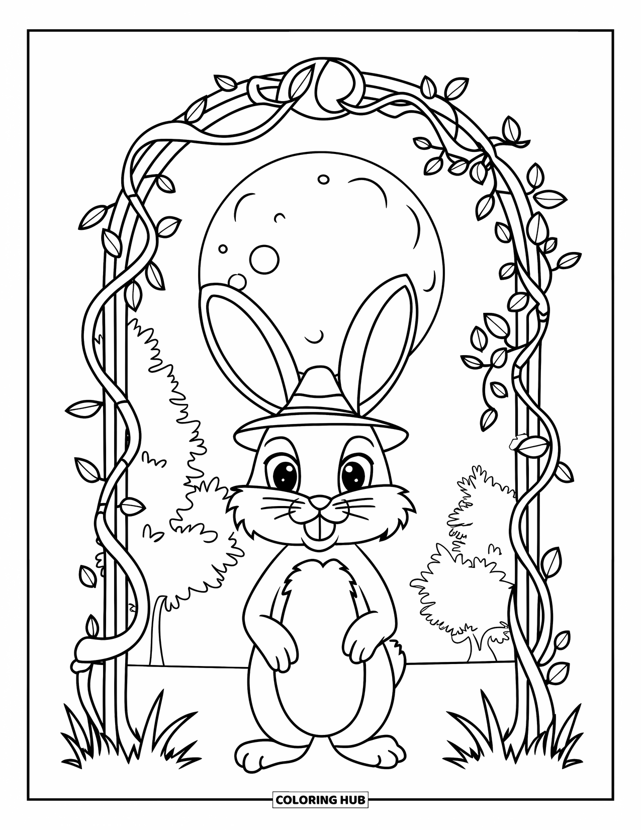 Desenho de coelho para colorir para adultos: Um coelho de chapéu fica sob uma lua brilhante emoldurada por videiras