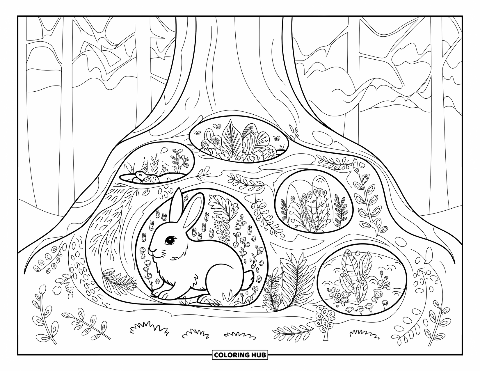 Desenho de coelho para colorir para adultos: Um coelho relaxa em uma toca na base de uma árvore com vista para a floresta