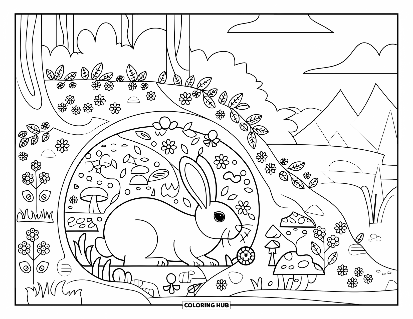 Desenho de coelho para colorir para adultos: Um coelho descansa em uma toca cheia de natureza com flores, pedras e montanhas distantes