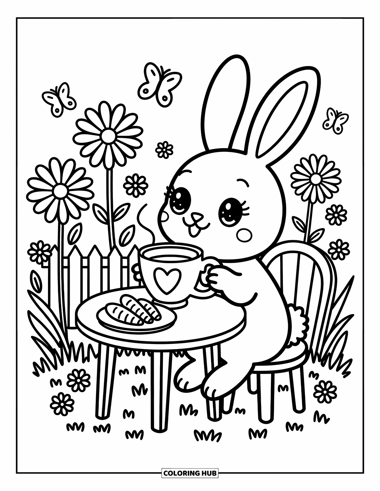 Desenho de coelho para colorir para adultos: Um coelho bebe chá em uma mesa minúscula com biscoitos de cenoura em um prado florido