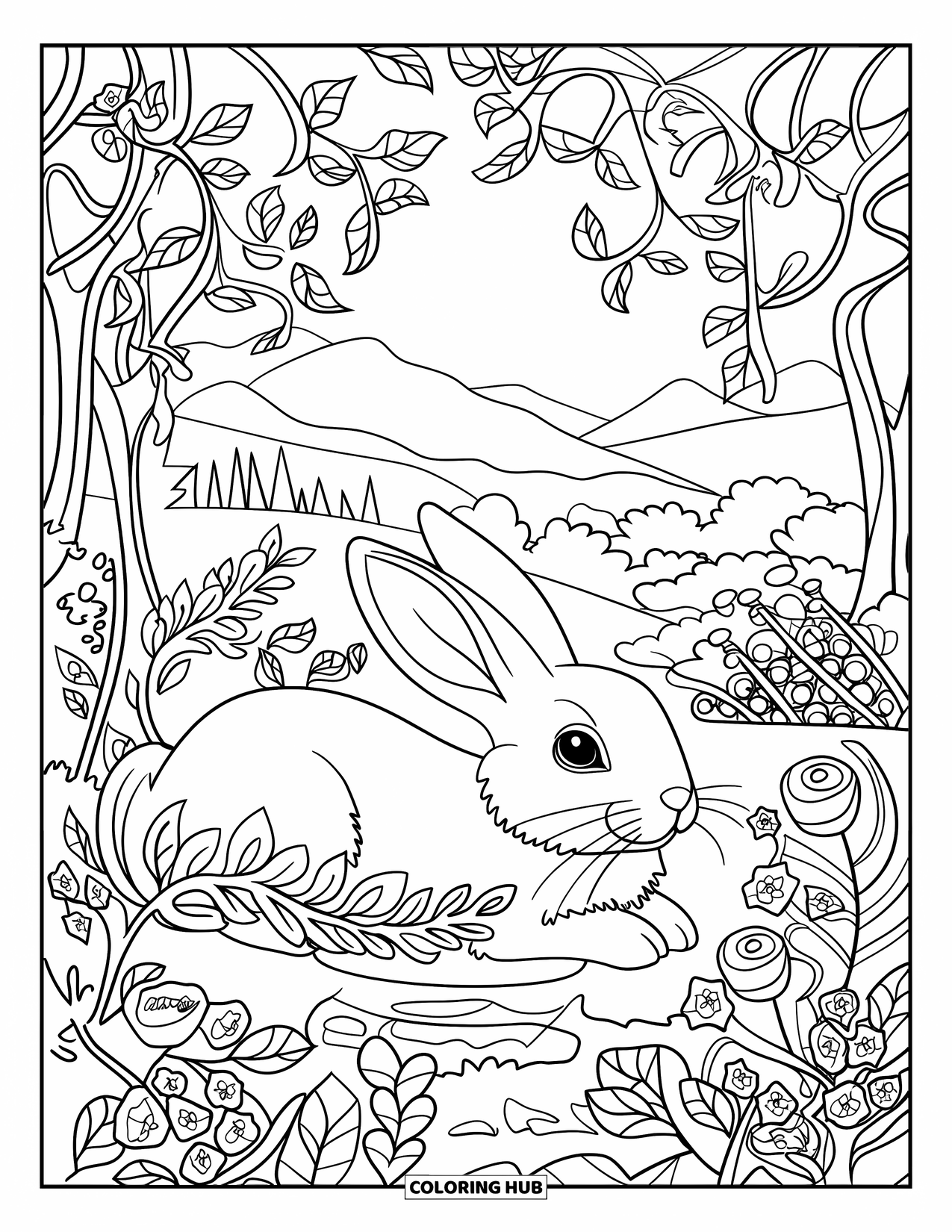 Desenho de coelho para colorir para adultos: Um coelho senta-se em um jardim florido com flores, frutas e um céu cênico