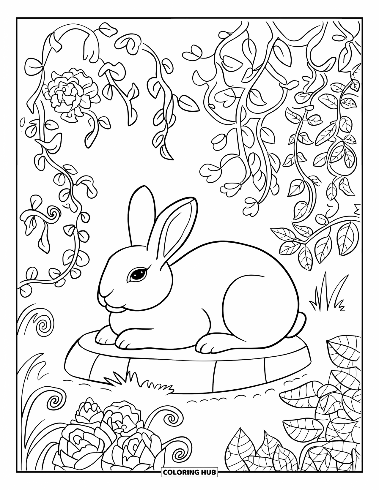 Desenho de coelho para colorir para adultos: Um coelho senta-se em uma pedra em um jardim cheio de rosas e samambaias
