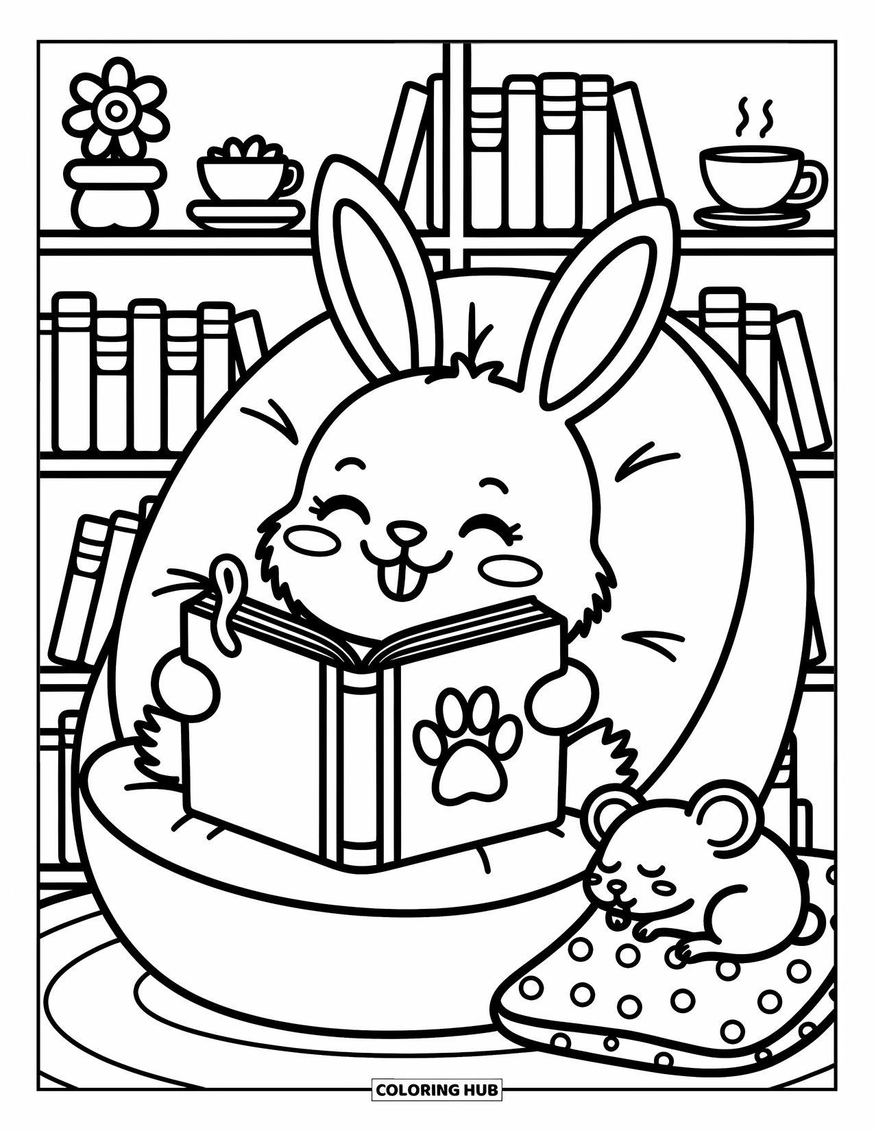 Desenho de coelho para colorir para adultos: Um coelho se aconchega em uma cadeira com um livro enquanto um rato cochila ao lado dele
