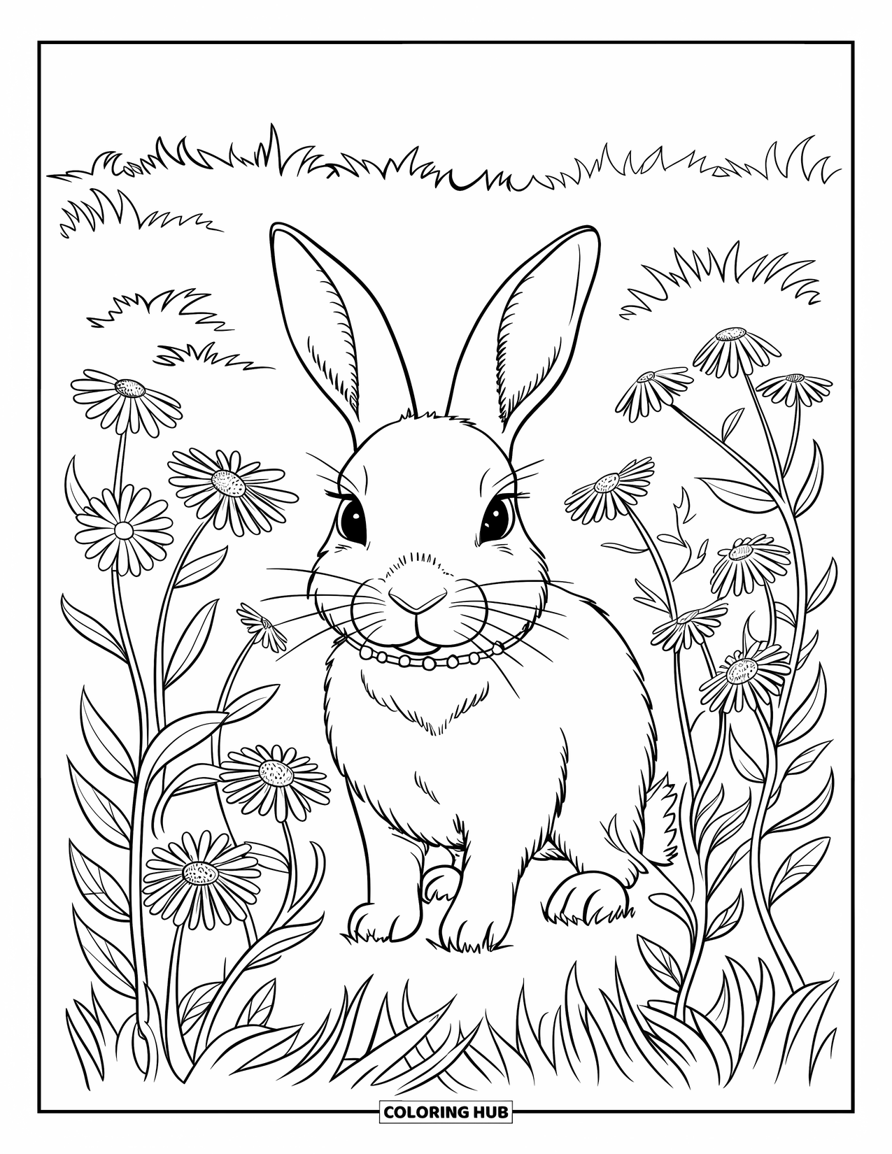 Desenho de coelho para colorir para adultos: Um coelho calmo fica entre flores silvestres em um prado tranquilo