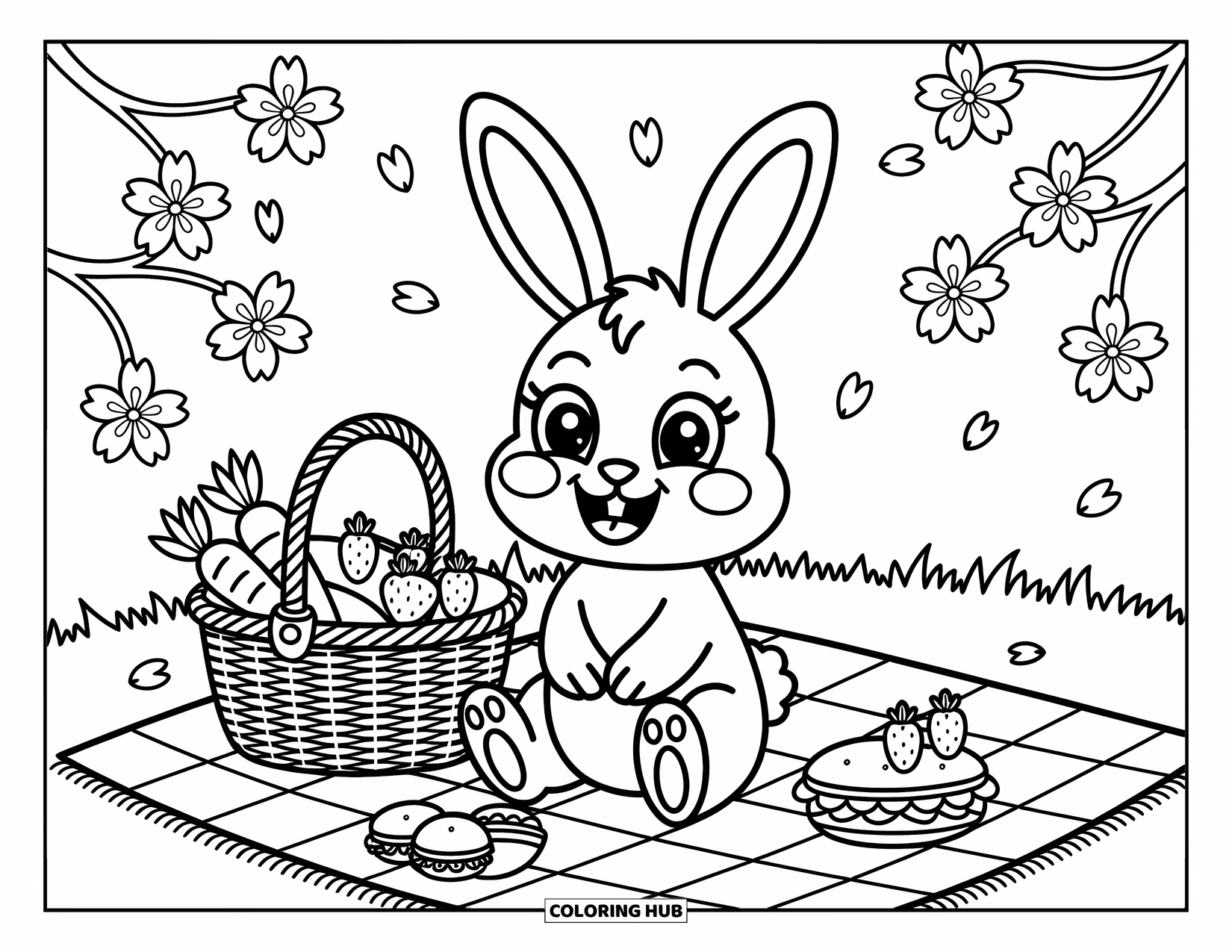 Desenho de coelho para colorir para adultos: Um coelho alegre com olhos grandes relaxa em um piquenique com frutas e flores