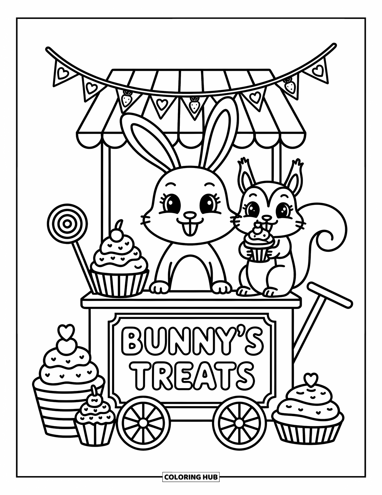 Desenho de coelho para colorir para adultos: Um coelho alegre vende doces de um carrinho enquanto um esquilo segura um cupcake