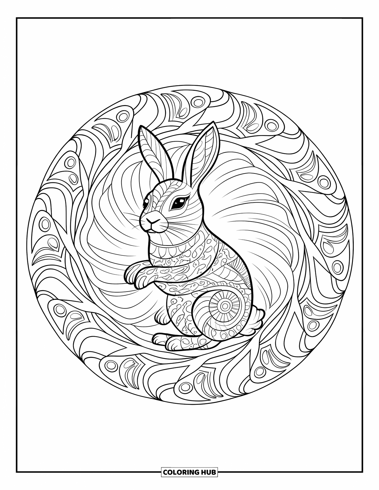 Desenho de coelho para colorir para adultos: Uma mandala circular envolve um coelho calmo com um trabalho de padrão elegante