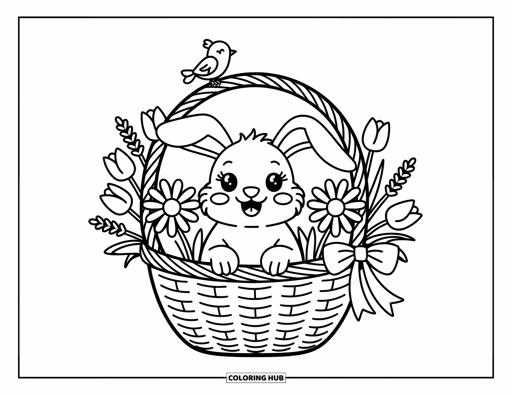 Desenho de coelho para colorir para adultos: Um coelho de orelhas caídas senta-se em uma cesta de flores com um laço e um pássaro cantando