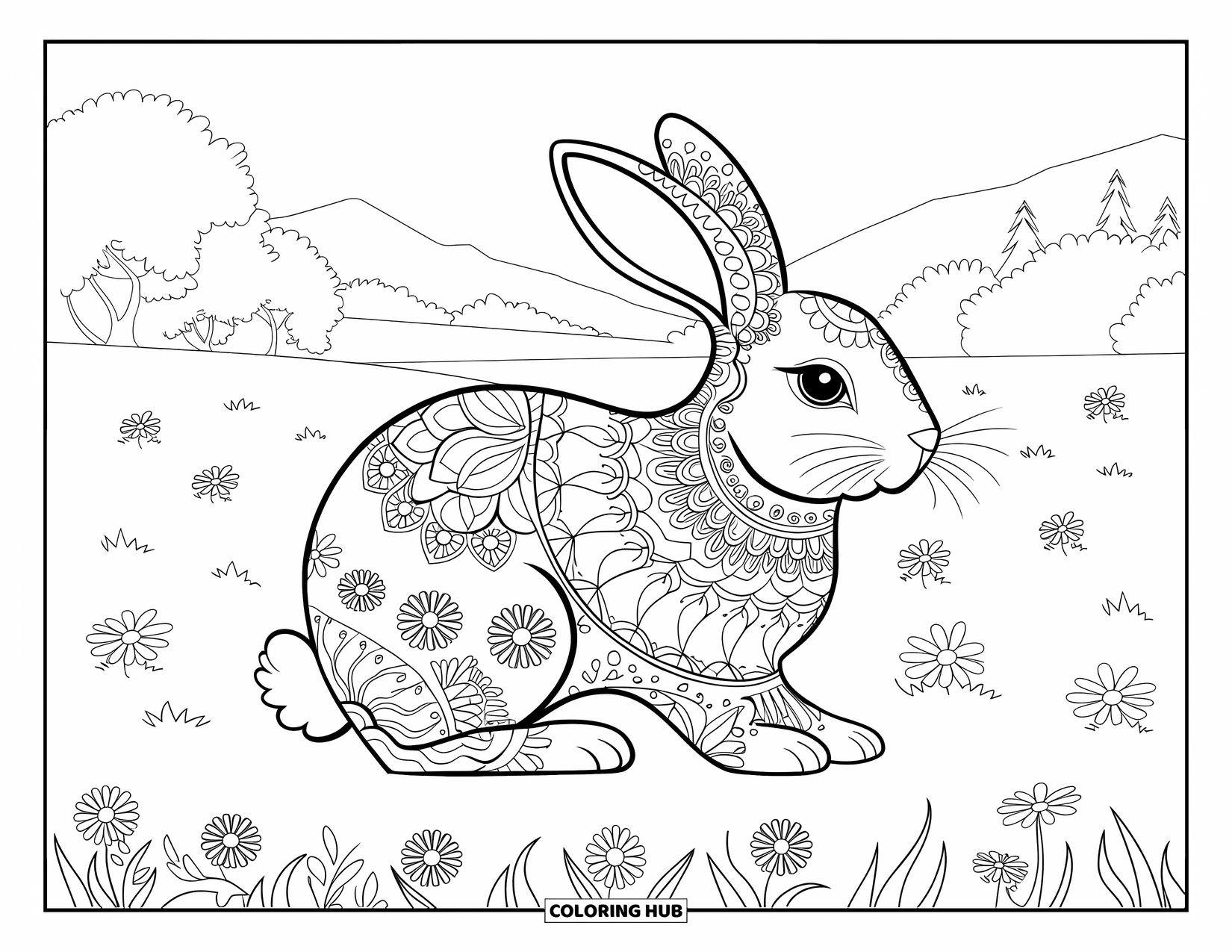 Desenho de coelho para colorir para adultos: Um coelho coberto de flores descansa em um prado com montanhas e árvores ao fundo
