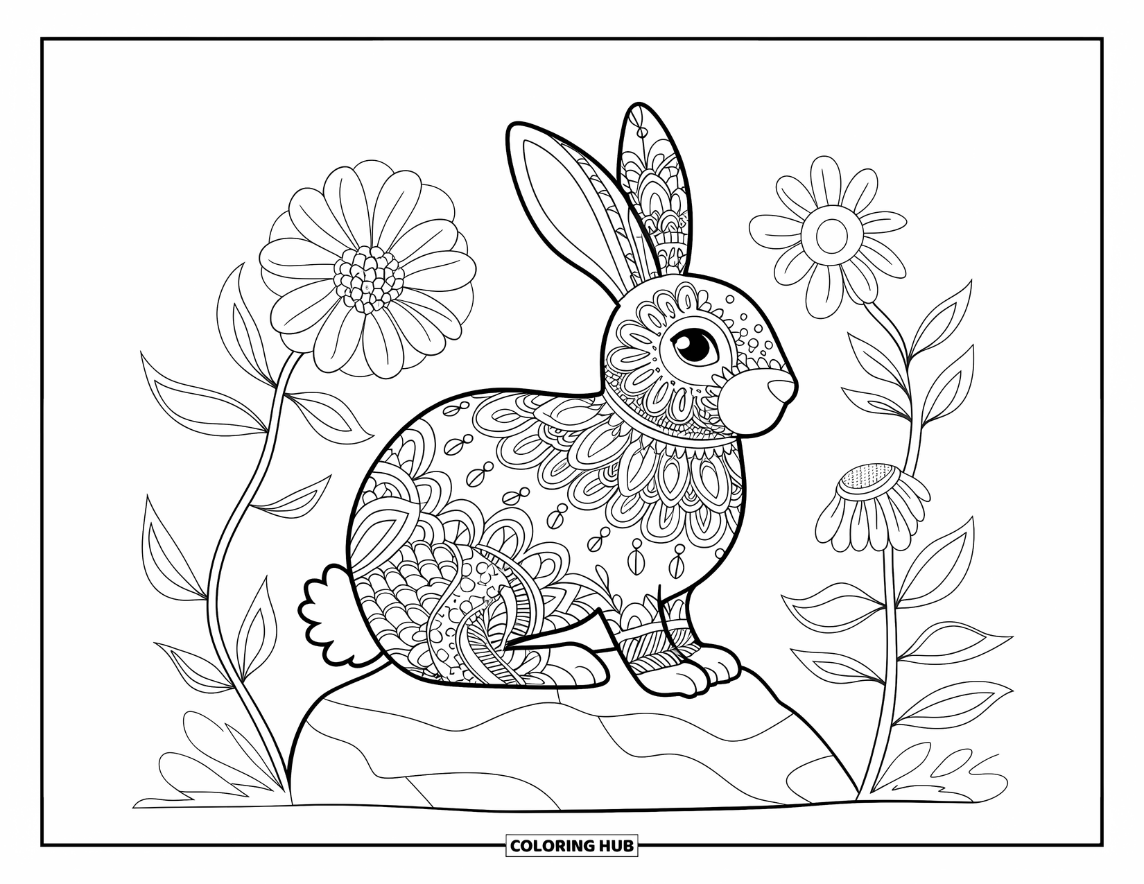 Desenho de coelho para colorir para adultos: Um coelho decorado com flores senta-se em uma pedra cercada por flores desabrochando
