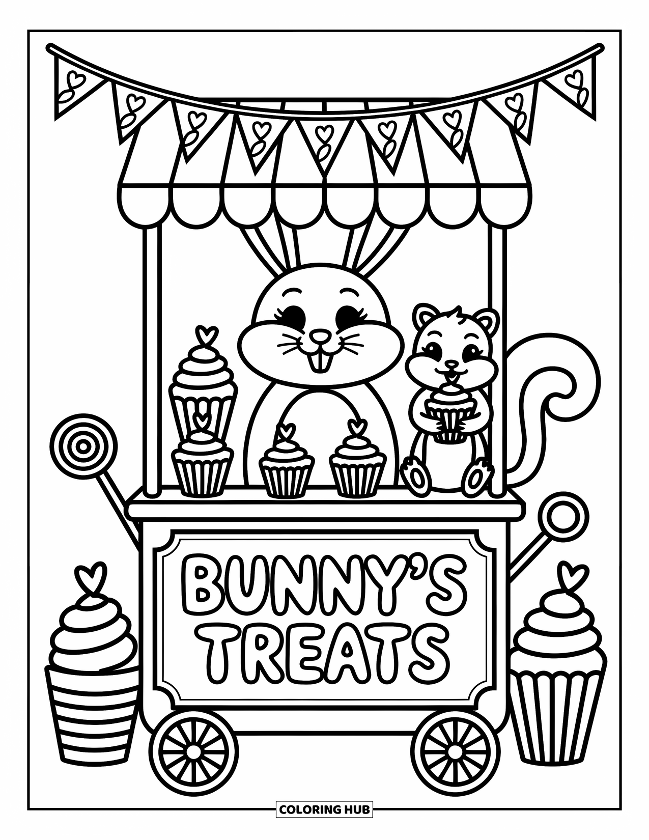 Desenho de coelho para colorir para adultos: Um coelho feliz administra um carrinho de doces com cupcakes, balas e um esquilo que ama cupcakes