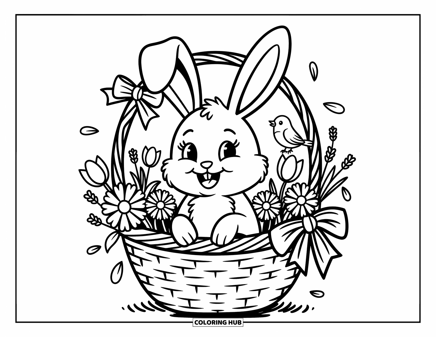 Desenho de coelho para colorir para adultos: Um coelho feliz senta-se em uma cesta cheia de flores com um pássaro na alça