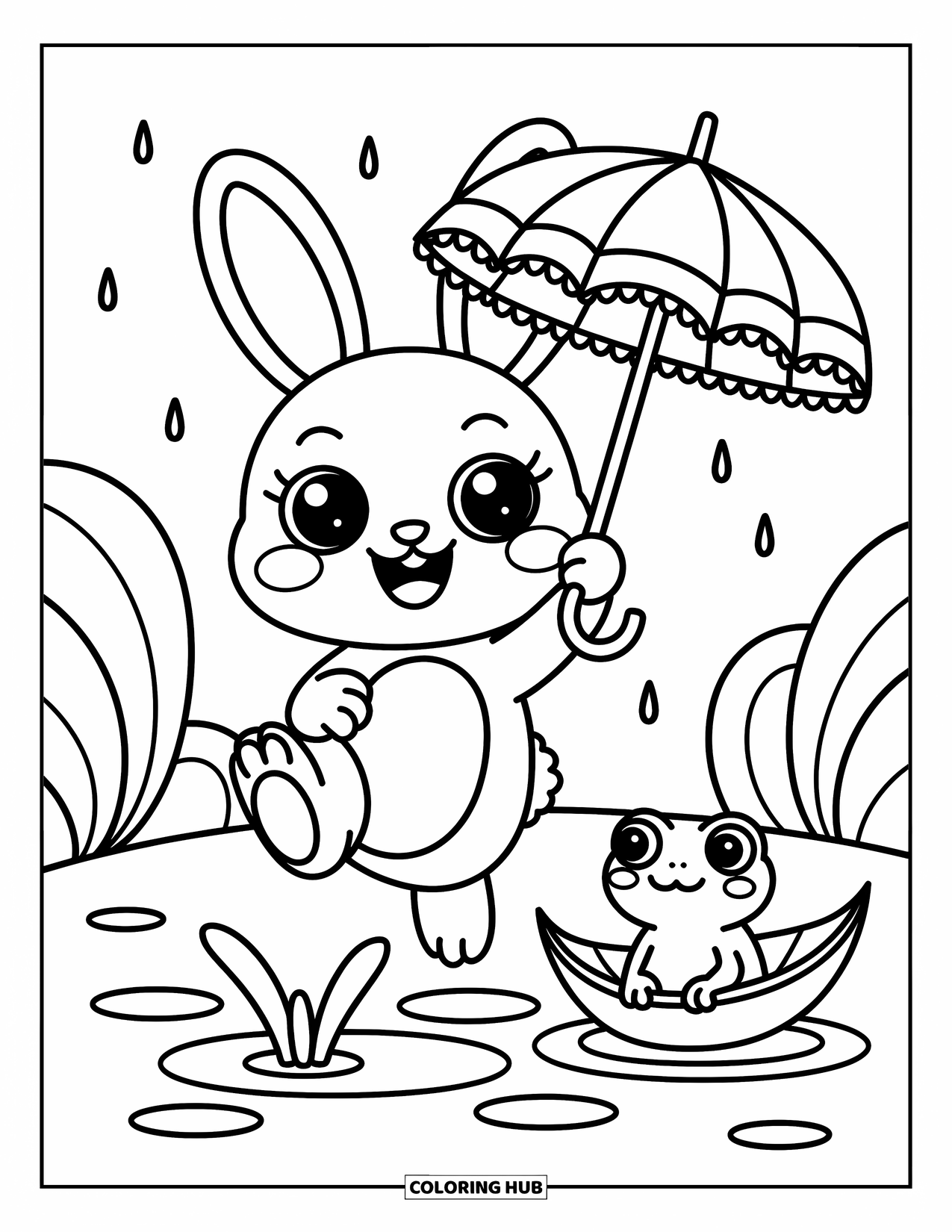 Desenho de coelho para colorir para adultos: Um coelho alegre pula sobre uma poça enquanto um sapo navega em um barco de folha